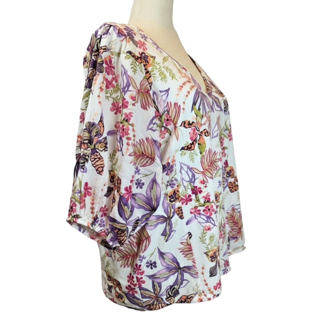 Chico's Tropical Floral Cotton Poplin Blouse 3 XL Sheer Puff Sleeve Lightweight